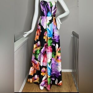 Ellen Tracy Sz 4 Strapless Sweetheart Neck Floral Printed Full Gown